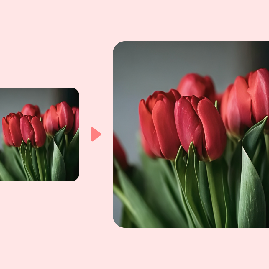 AI image upscaler enlarging a low-resolution photo to a crisp high-resolution result.